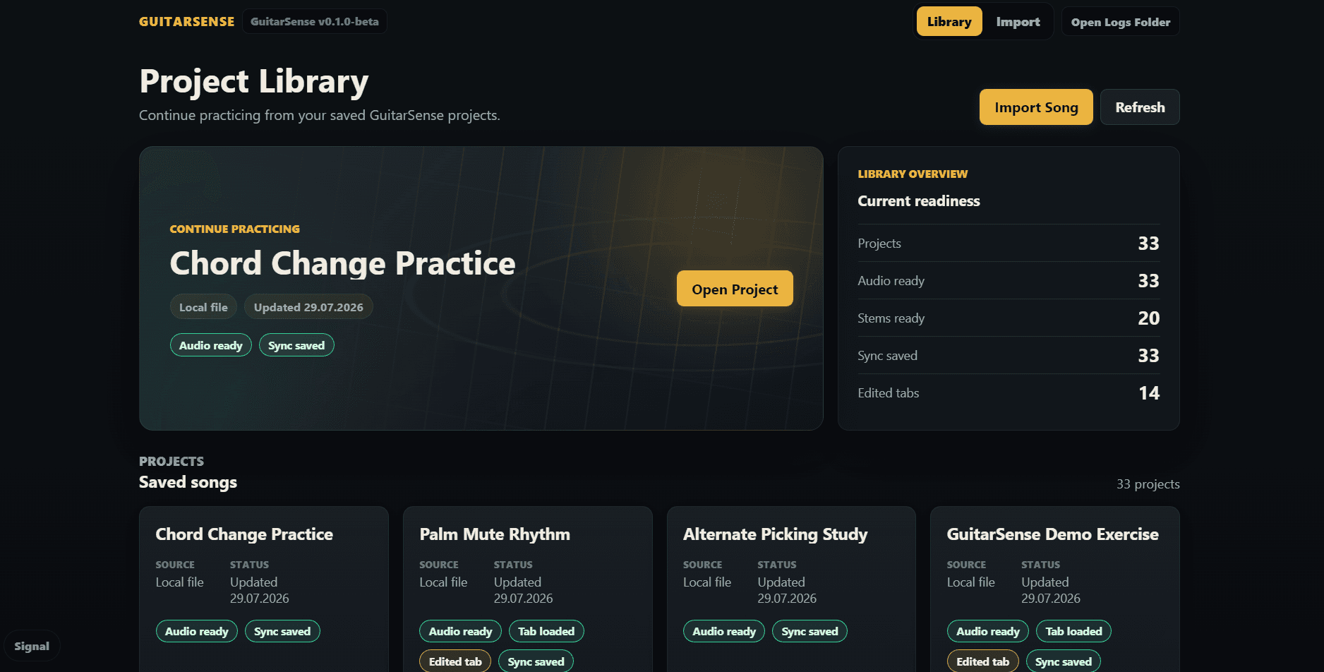 GuitarSense project library showing saved practice projects and readiness states
